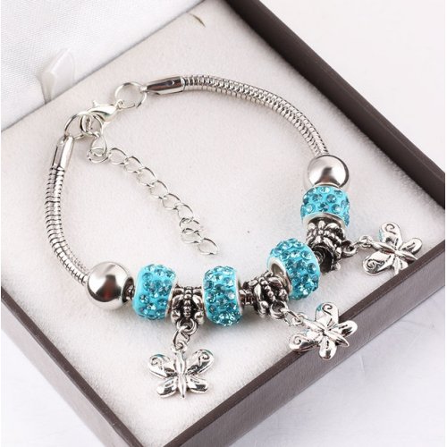 Bratara placat argint tip Pandora Trifoi, albastru