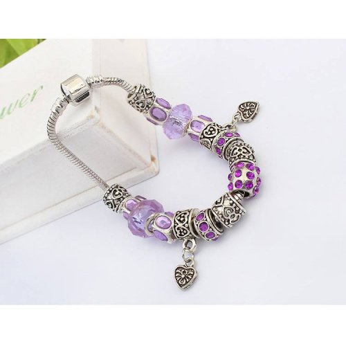 Bratara placat argint tip Pandora Charm Inimi, mov